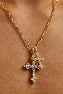 Double Celtic Cross Iced Necklace - 25mm - Gold