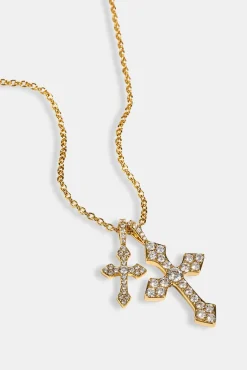 Double Celtic Cross Iced Necklace - 25mm - Gold