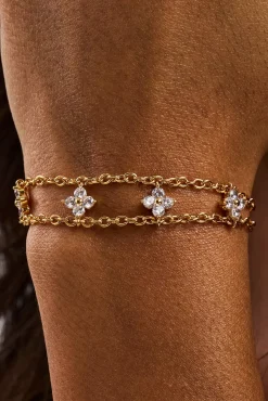 Double Layer Floral Motif Rolo Bracelet - 3mm - Gold