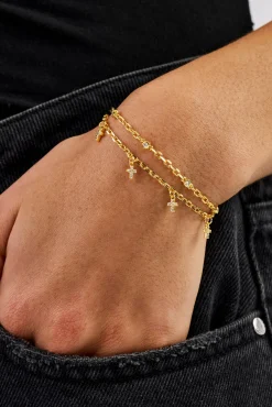 Double Layer Iced Cross Bracelet - 5mm - Gold