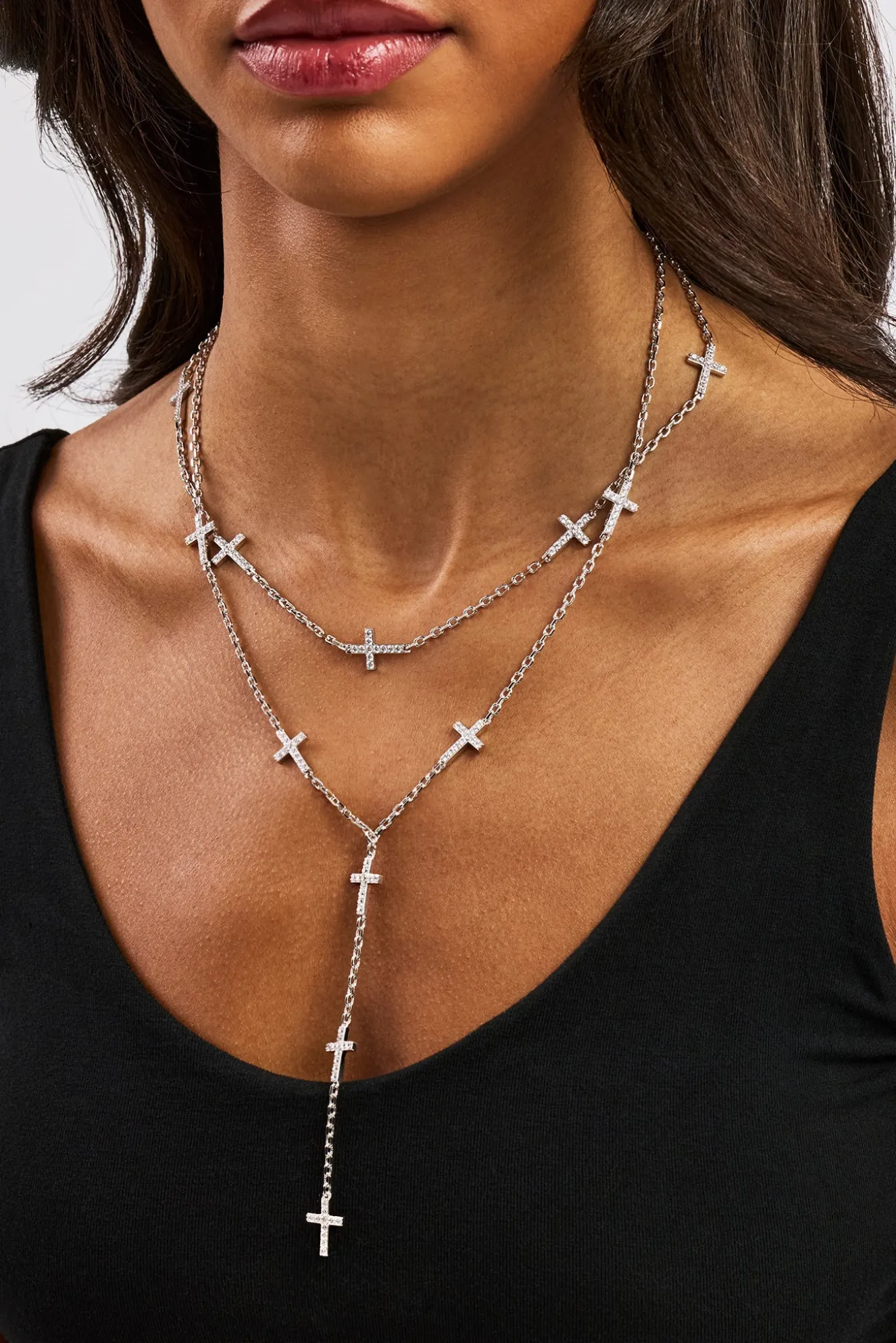 Double Layer Iced Cross Y Drop Necklace - 15mm - White