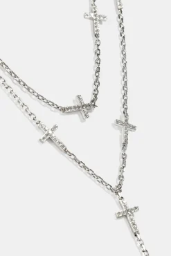 Double Layer Iced Cross Y Drop Necklace - 15mm - White