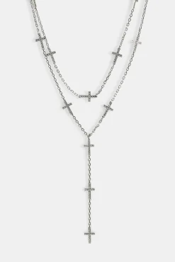 Double Layer Iced Cross Y Drop Necklace - 15mm - White