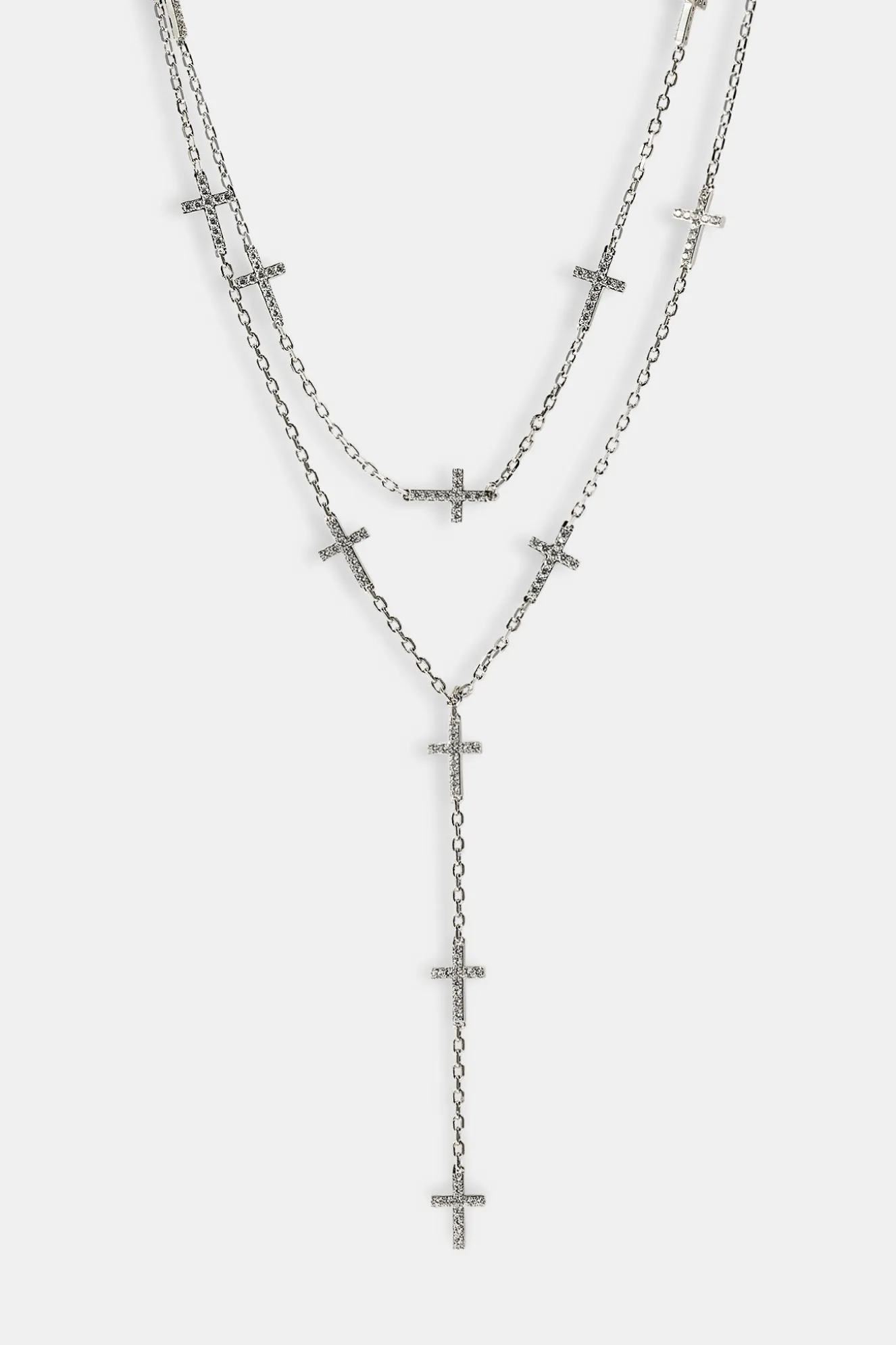 Double Layer Iced Cross Y Drop Necklace - 15mm - White