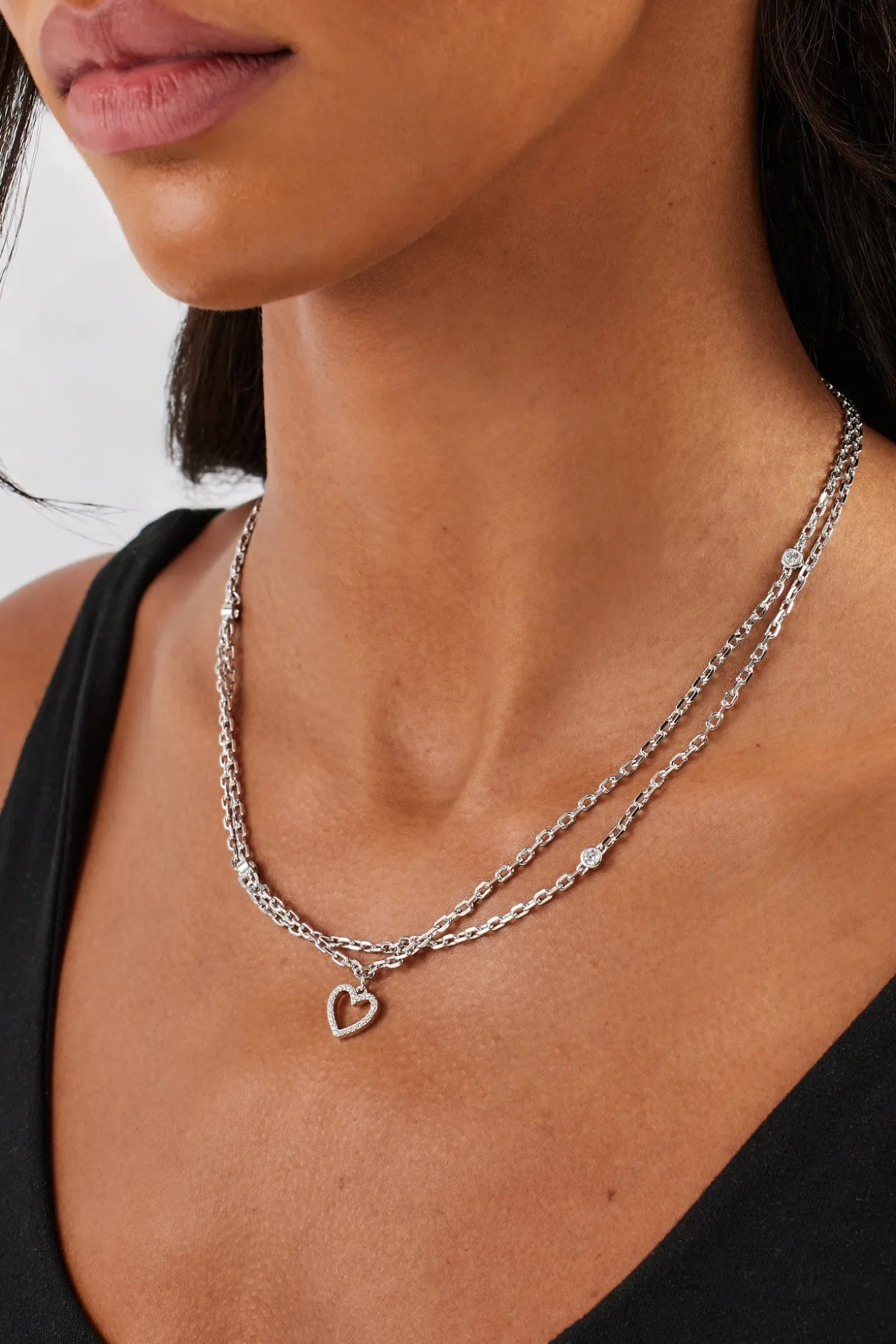 Double Layer Iced & Heart Rolo Necklace - 12mm