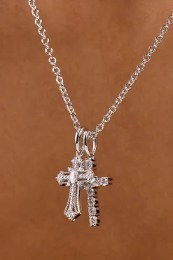 Double Multi Iced Cross Necklace - 20mm - White