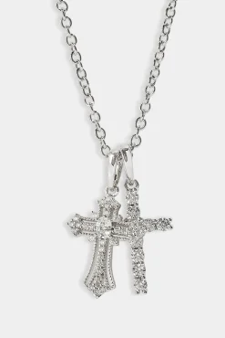 Double Multi Iced Cross Necklace - 20mm - White