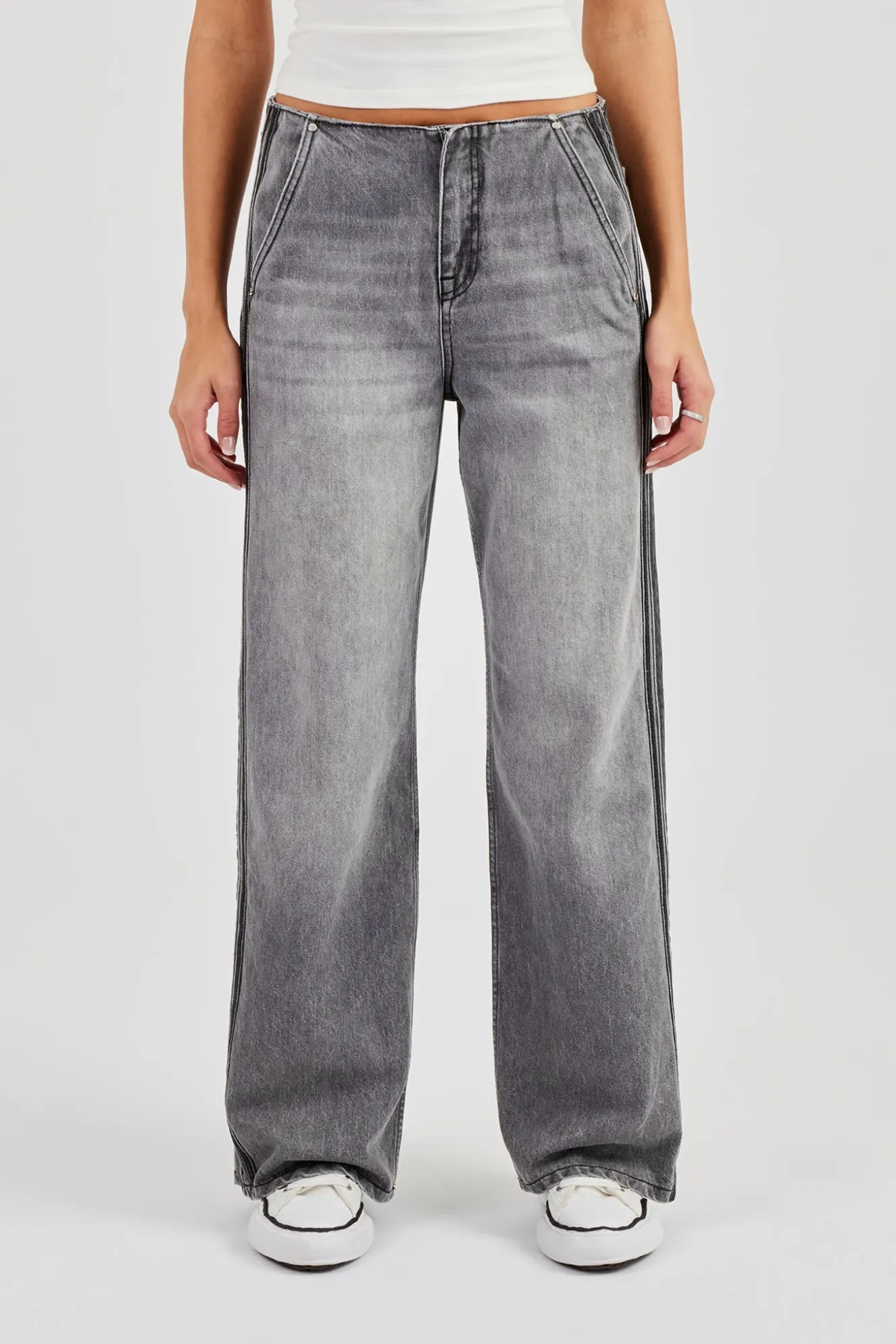 Double Stripe Baggy Jean - Washed Grey