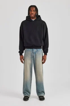 Embroidered C Boxy Hoodie - Black