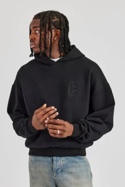 Embroidered C Boxy Hoodie - Black