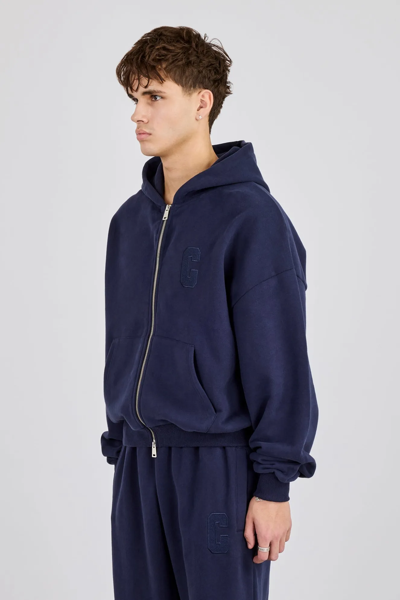 Embroidered C Boxy Zip Through Hoodie - Navy Blue