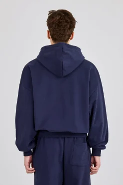 Embroidered C Boxy Zip Through Hoodie - Navy Blue