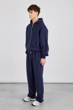 Embroidered C Boxy Zip Through Hoodie & Relaxed Jogger - Navy Blue
