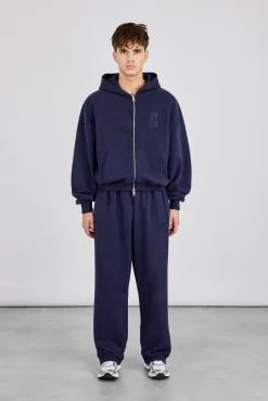 Embroidered C Boxy Zip Through Hoodie & Relaxed Jogger - Navy Blue