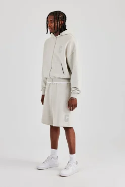 Embroidered C Boxy Zip Through Hoodie & Short - Ash Grey