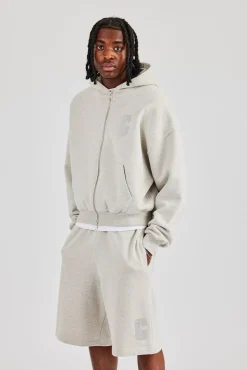 Embroidered C Boxy Zip Through Hoodie & Short - Ash Grey