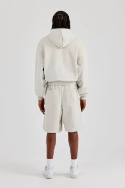 Embroidered C Boxy Zip Through Hoodie & Short - Ash Grey