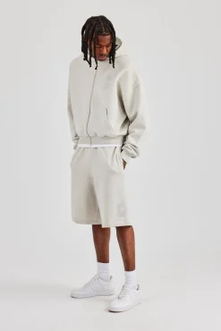 Embroidered C Boxy Zip Through Hoodie & Short - Ash Grey