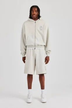 Embroidered C Boxy Zip Through Hoodie & Short - Ash Grey