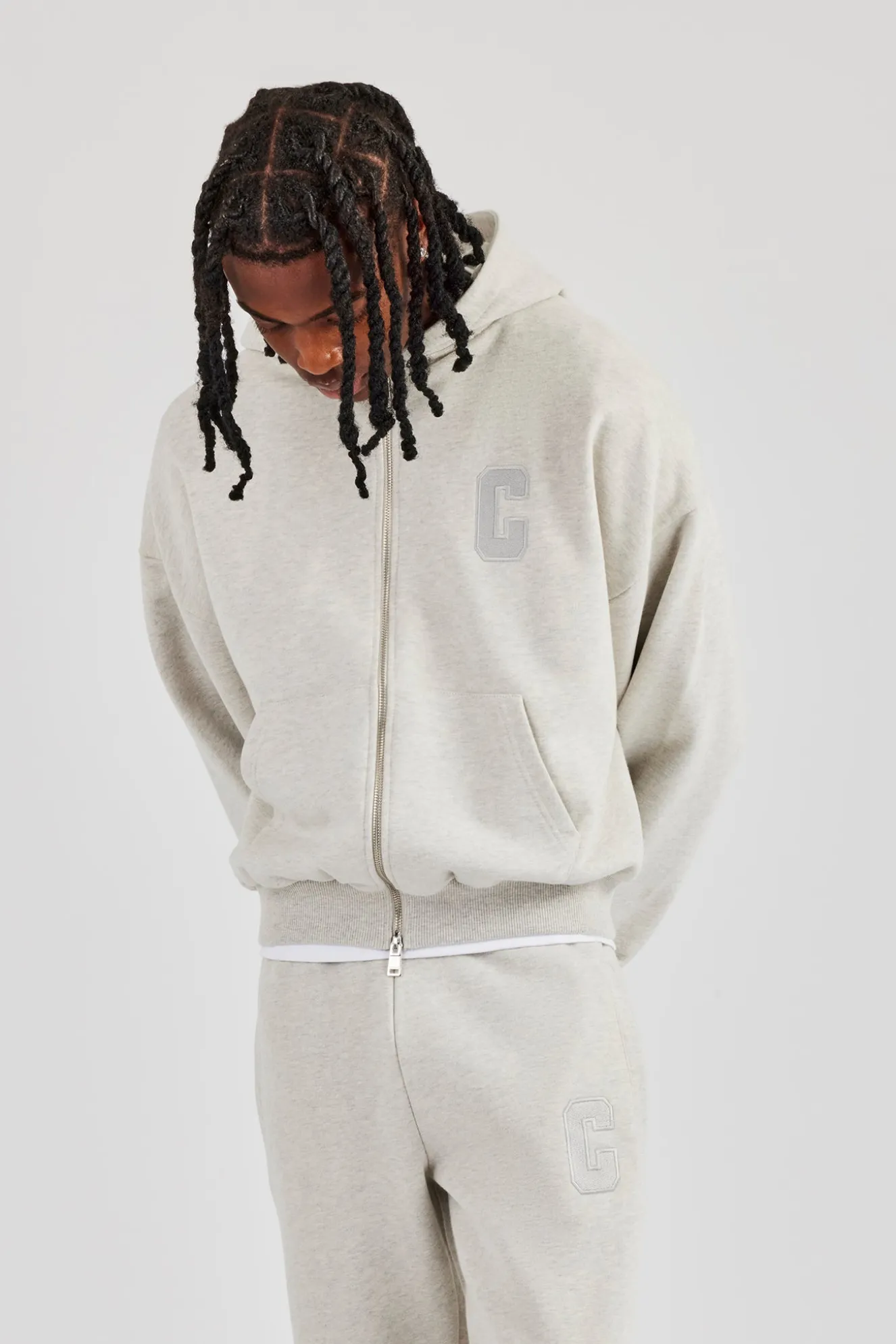 Embroidered C Boxy Zip Through Hoodie - Ash Grey