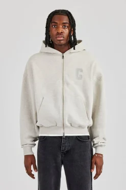 Embroidered C Boxy Zip Through Hoodie - Ash Grey