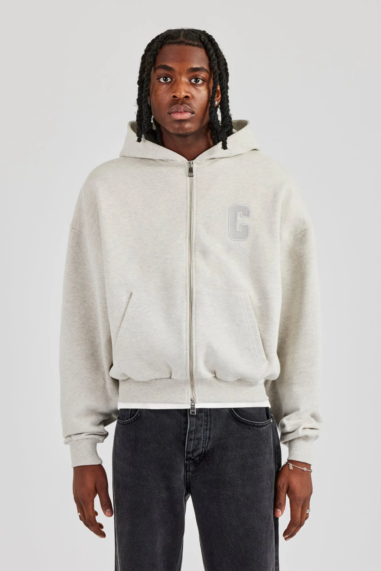 Embroidered C Boxy Zip Through Hoodie - Ash Grey