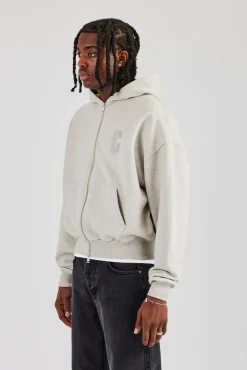 Embroidered C Boxy Zip Through Hoodie - Ash Grey