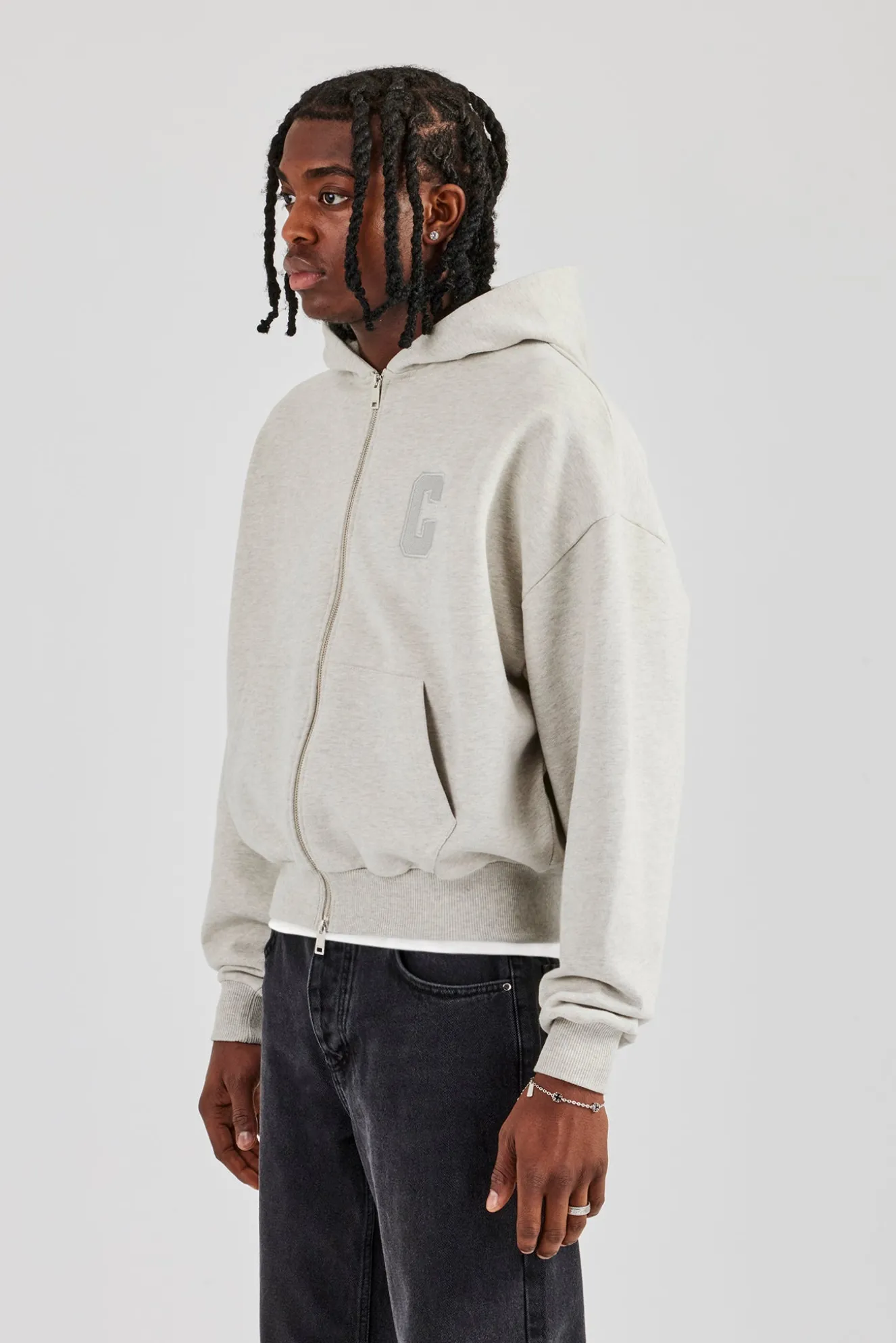 Embroidered C Boxy Zip Through Hoodie - Ash Grey