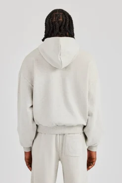 Embroidered C Boxy Zip Through Hoodie - Ash Grey