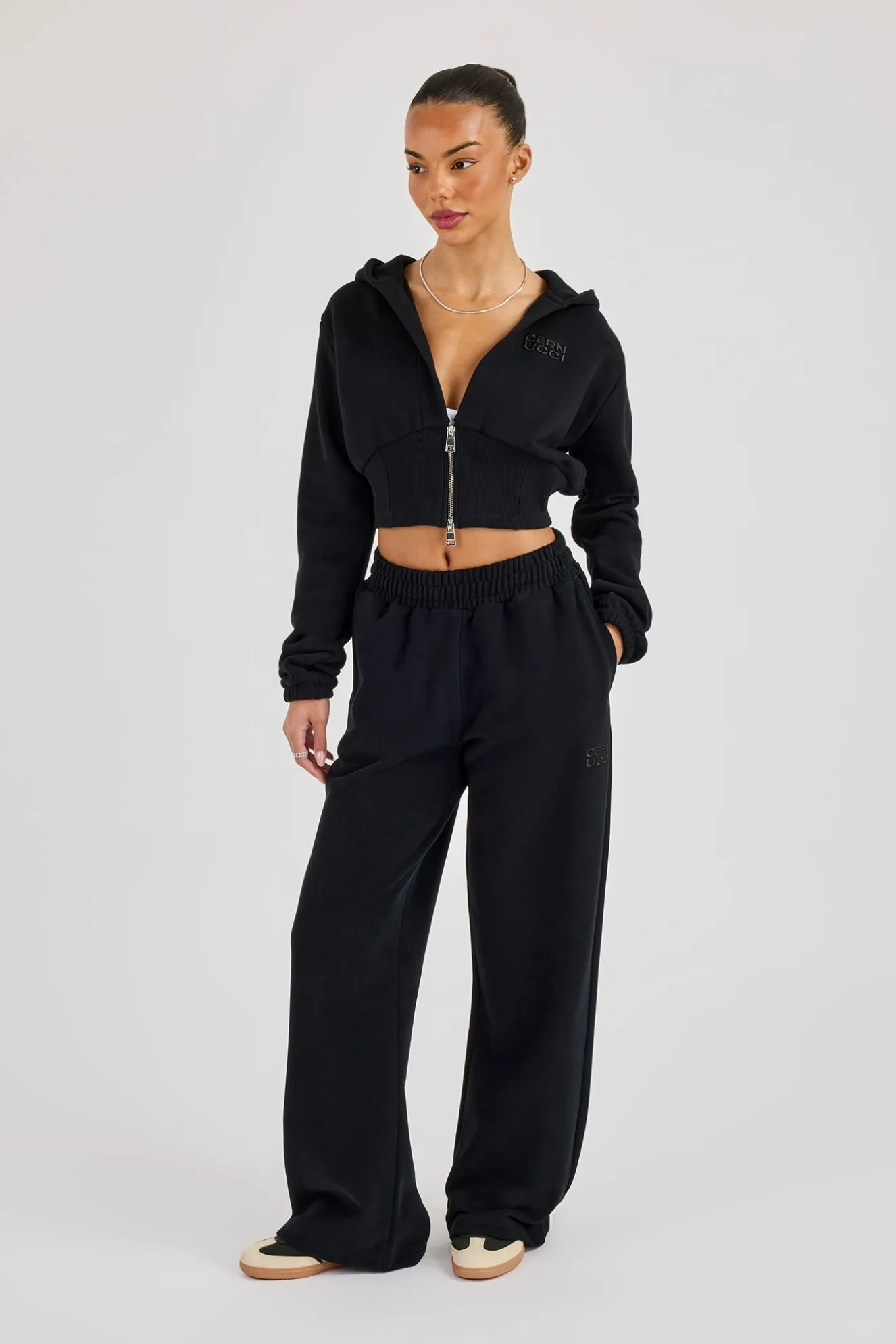 Embroidered Cernucci Wide Leg Jogger - Black