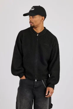 Embroidered Knitted Bomber - Black