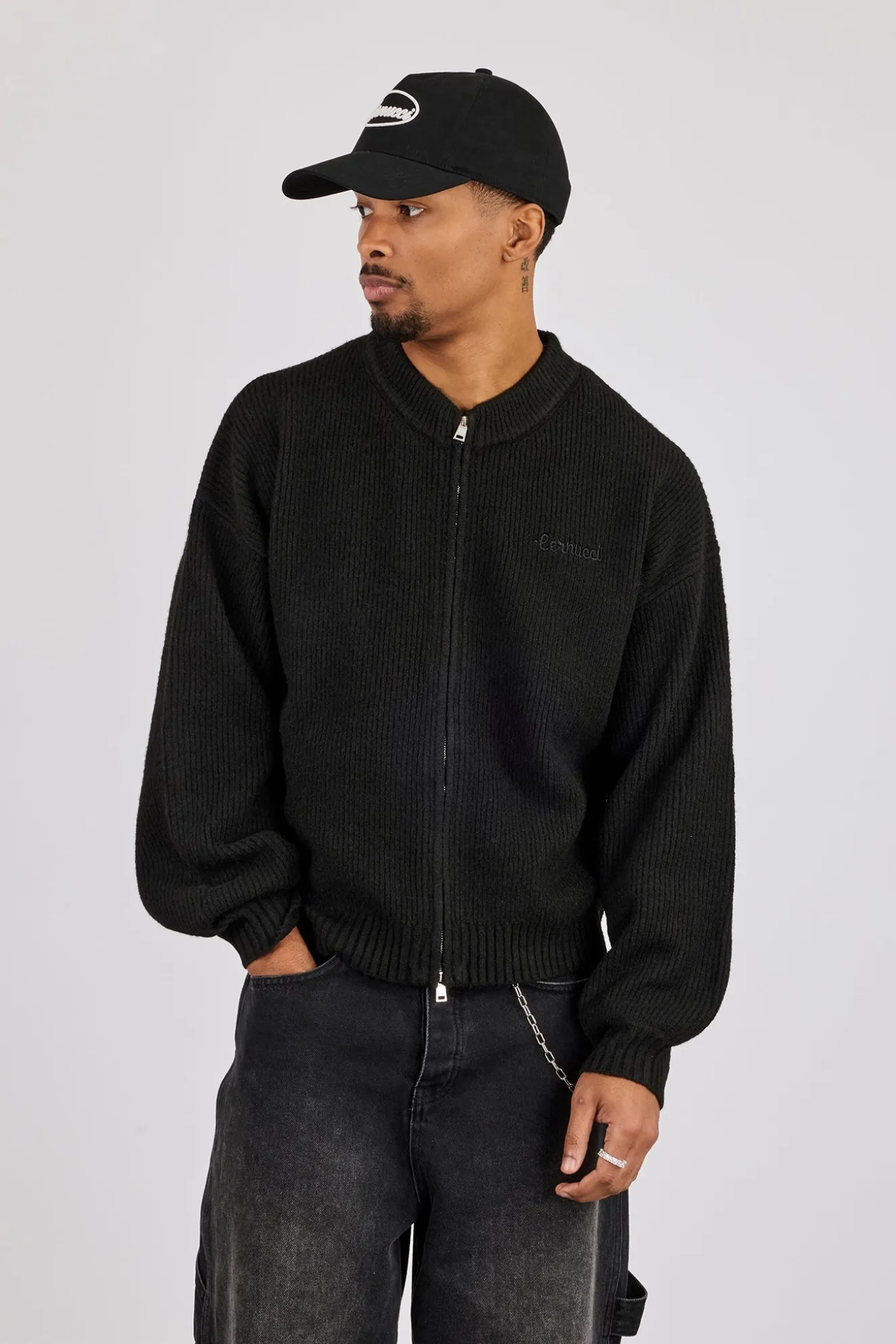 Embroidered Knitted Bomber - Black