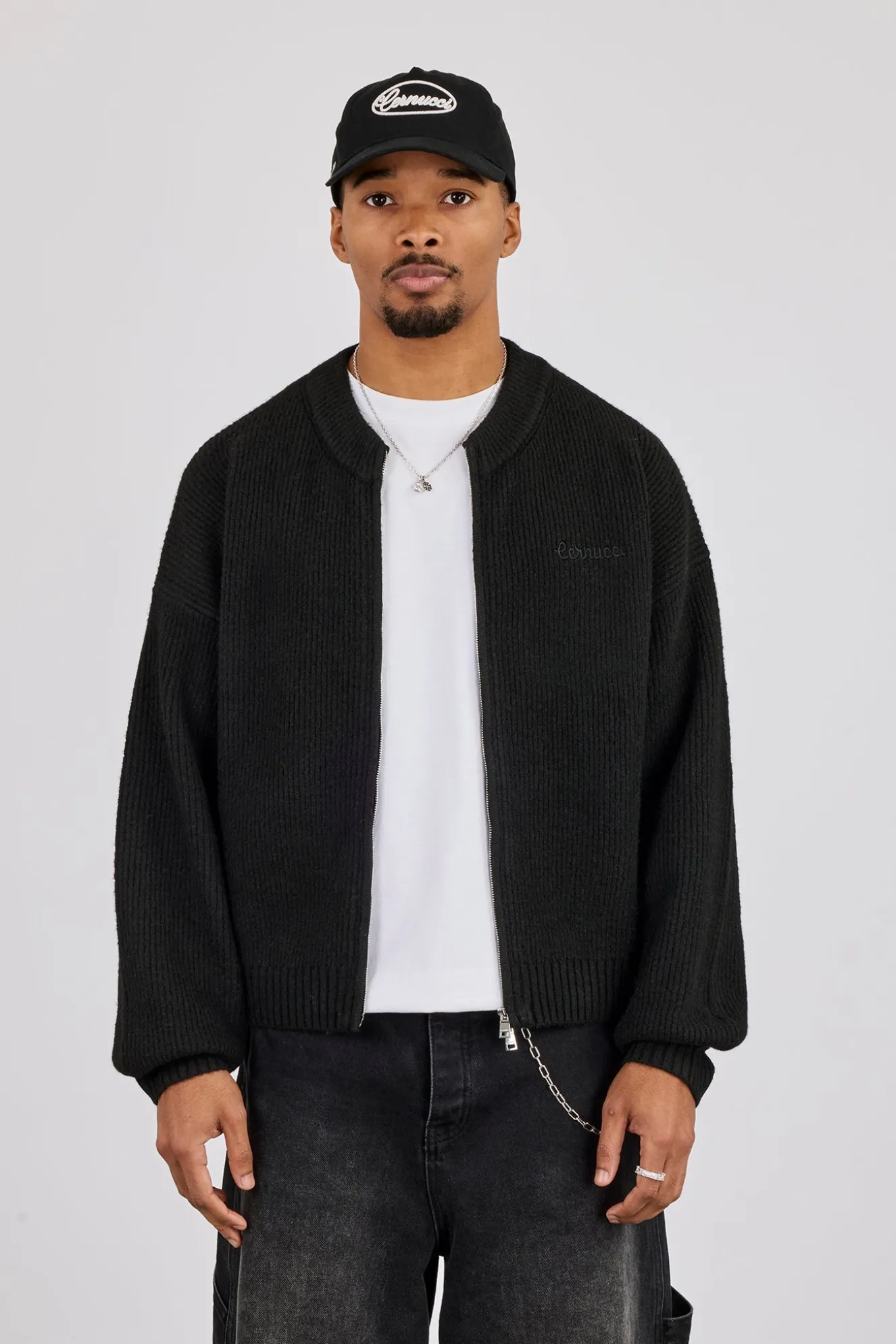 Embroidered Knitted Bomber - Black