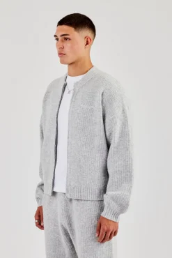 Embroidered Knitted Bomber - Light Grey
