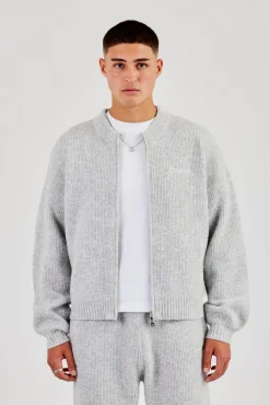 Embroidered Knitted Bomber - Light Grey