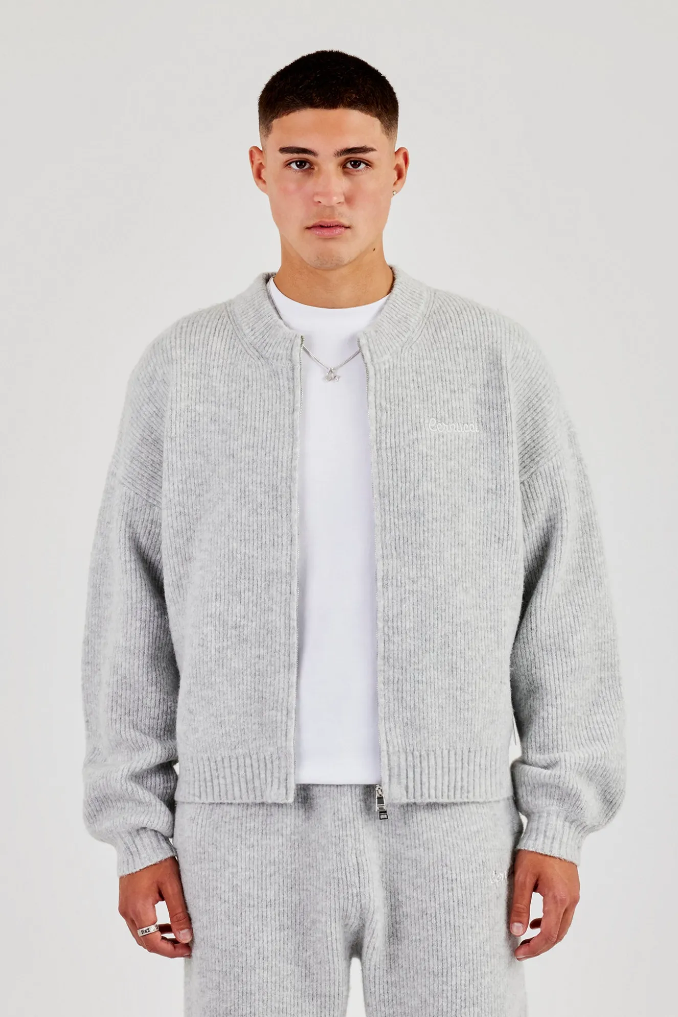 Embroidered Knitted Bomber - Light Grey
