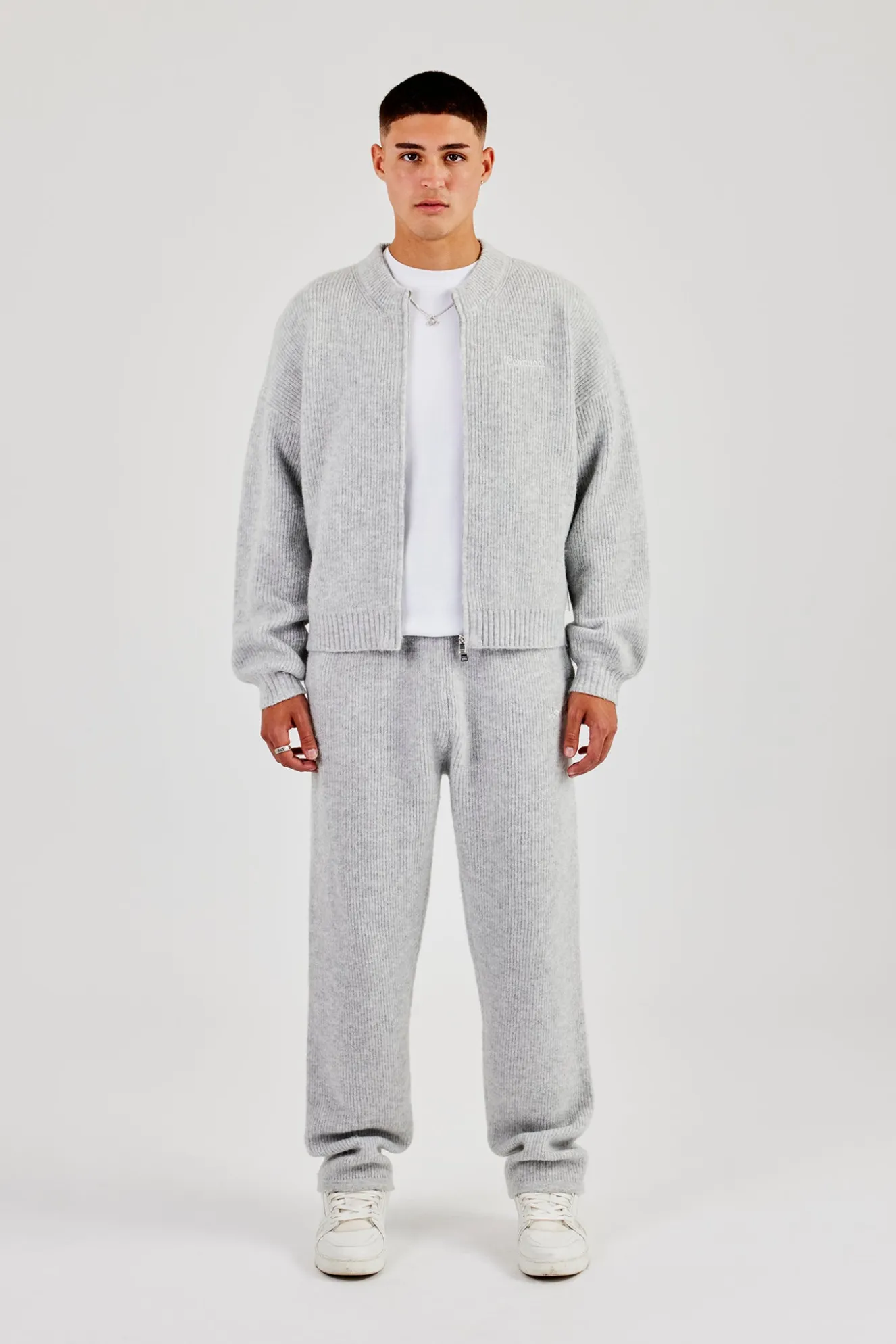 Embroidered Knitted Bomber - Light Grey