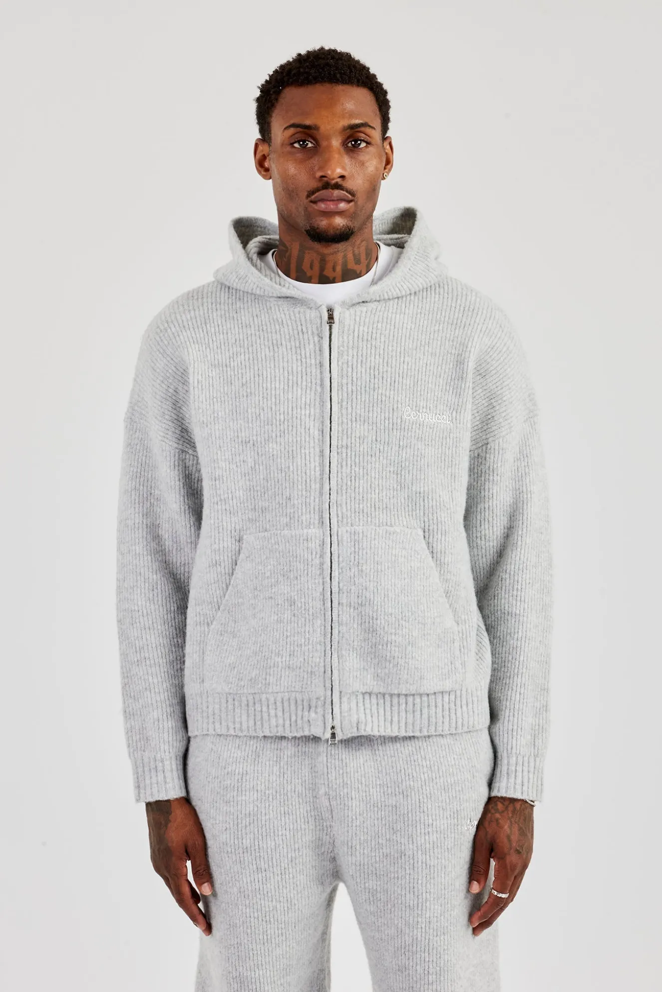 Embroidered Knitted Zip Hoodie - Light Grey