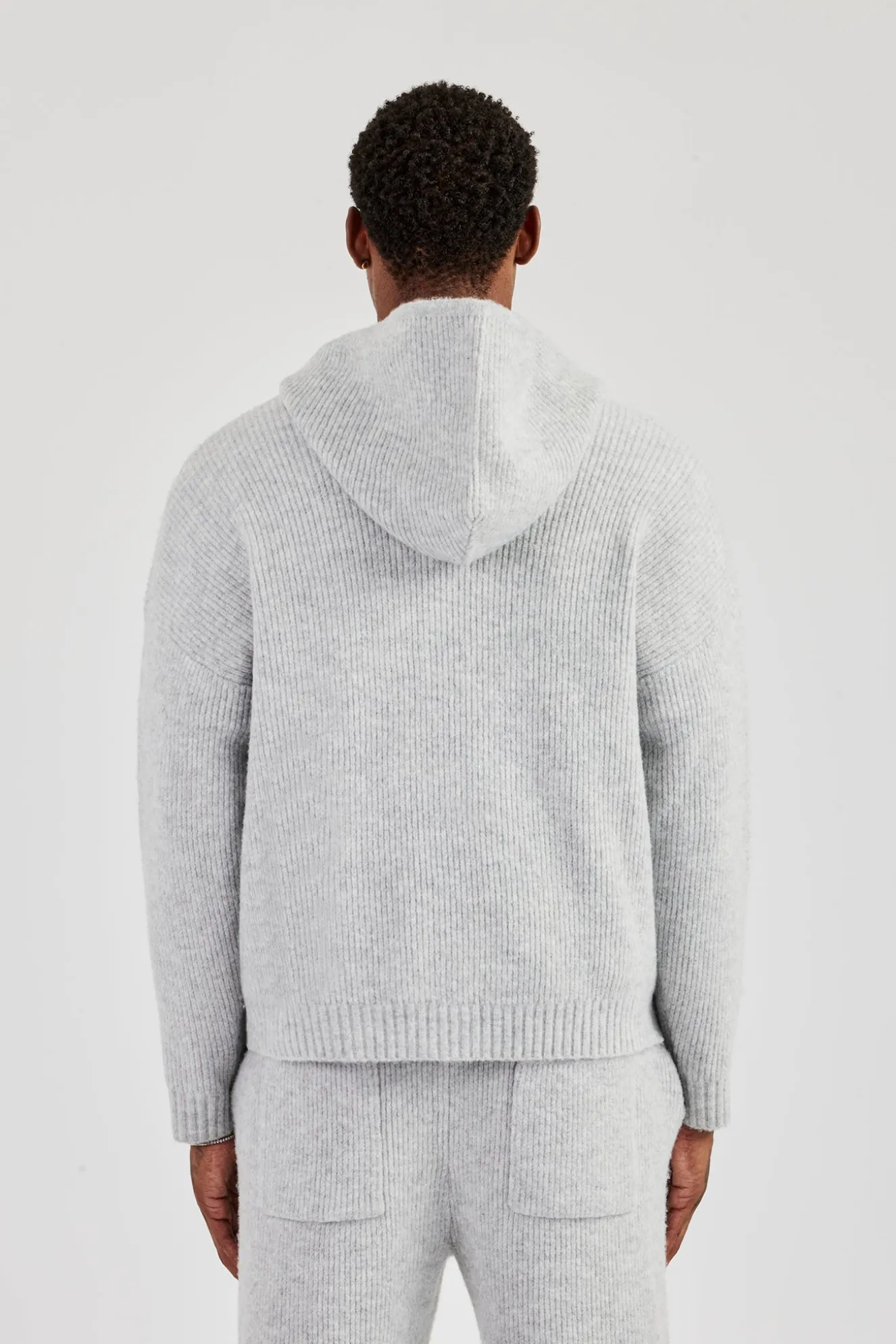 Embroidered Knitted Zip Hoodie - Light Grey