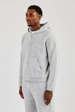 Embroidered Knitted Zip Hoodie - Light Grey