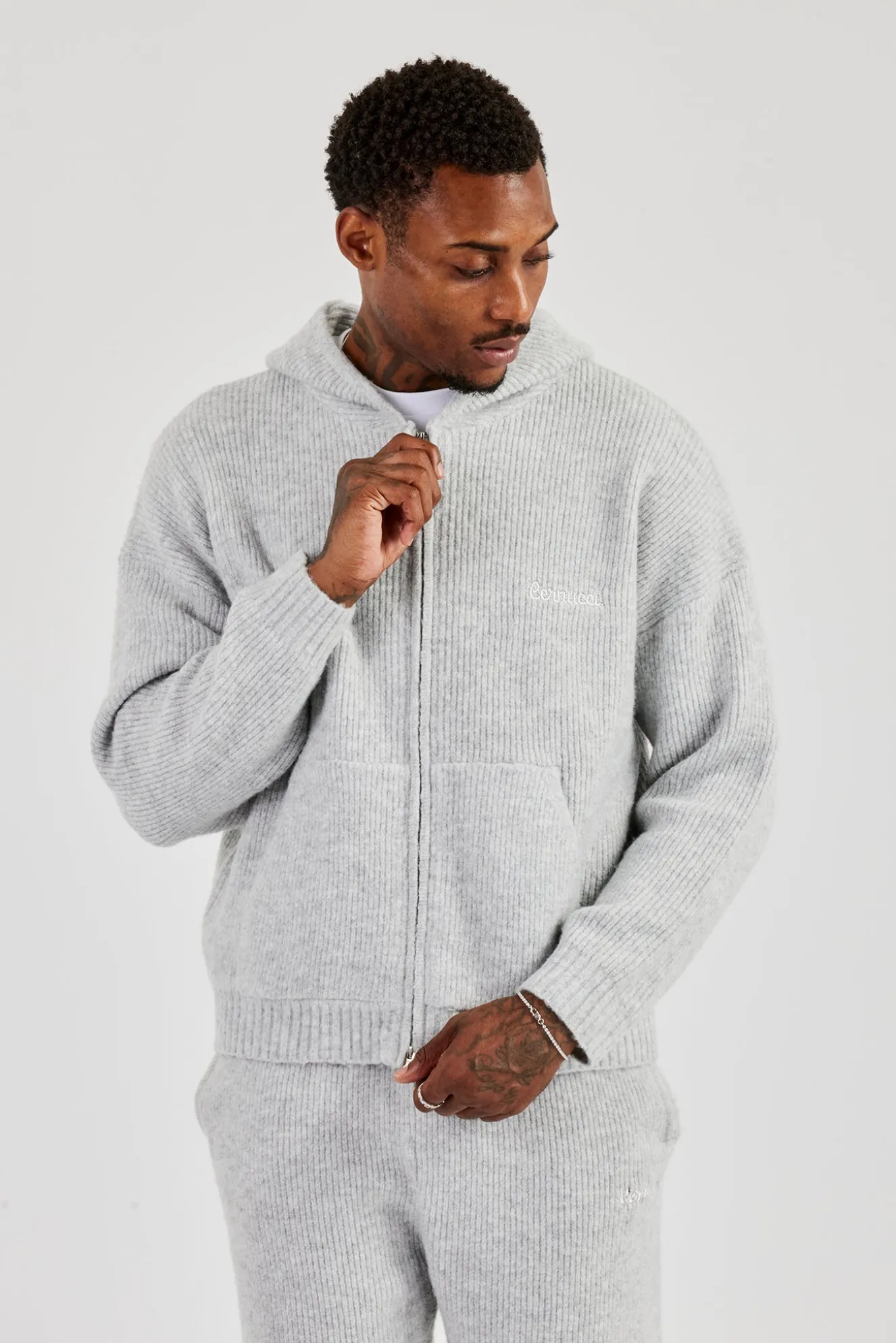 Embroidered Knitted Zip Hoodie - Light Grey
