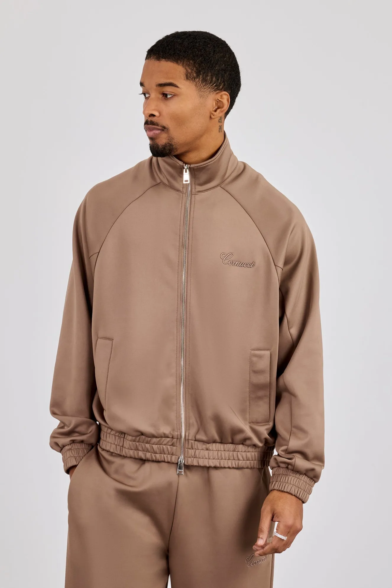 Embroidered Poly Raglan Track Jacket - Taupe