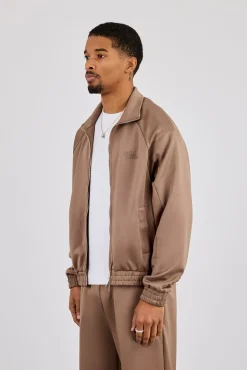 Embroidered Poly Raglan Track Jacket - Taupe
