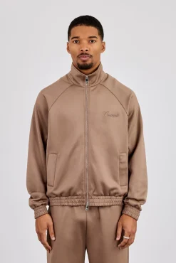 Embroidered Poly Raglan Track Jacket - Taupe
