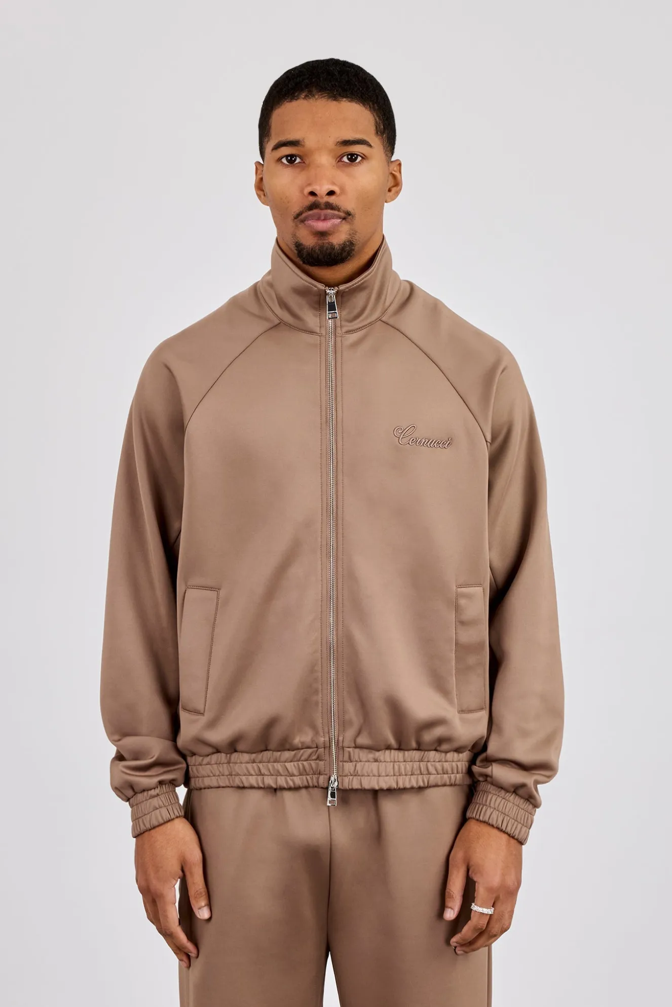 Embroidered Poly Raglan Track Jacket - Taupe