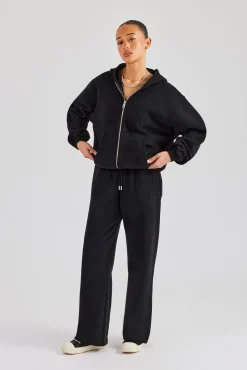 Embroidered Wide Leg Jogger - Black