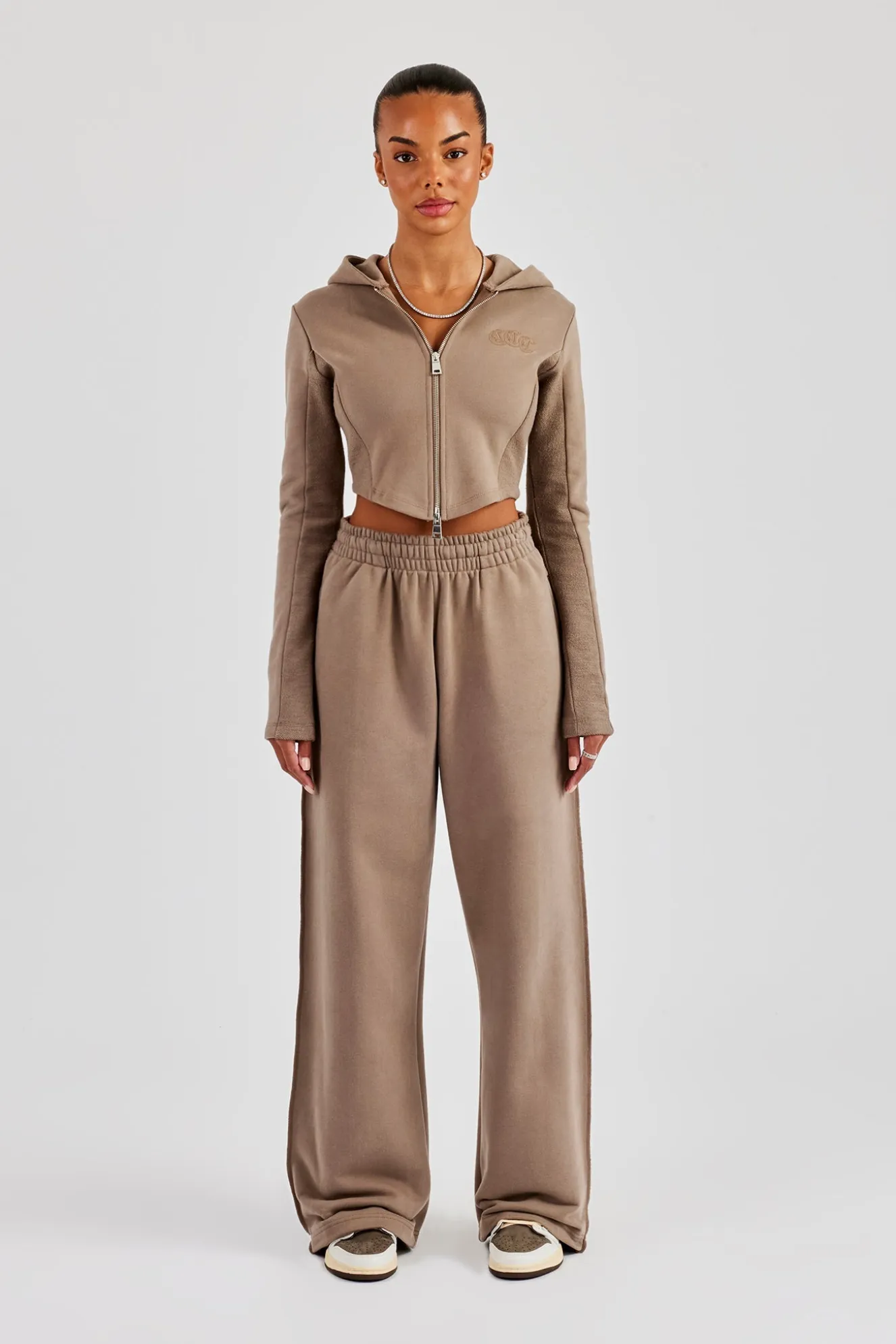 Fitted Reverse Loopback Hoodie & Wide Leg Jogger - Taupe