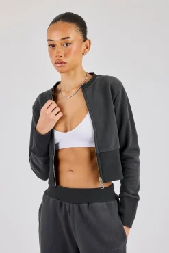 Fitted Rib Zip Through Sweat - Charcoal