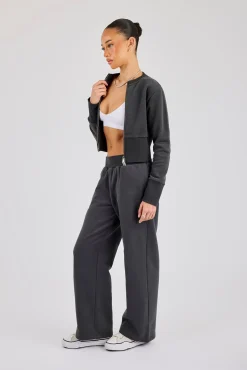 Fitted Rib Zip Through Sweat - Charcoal