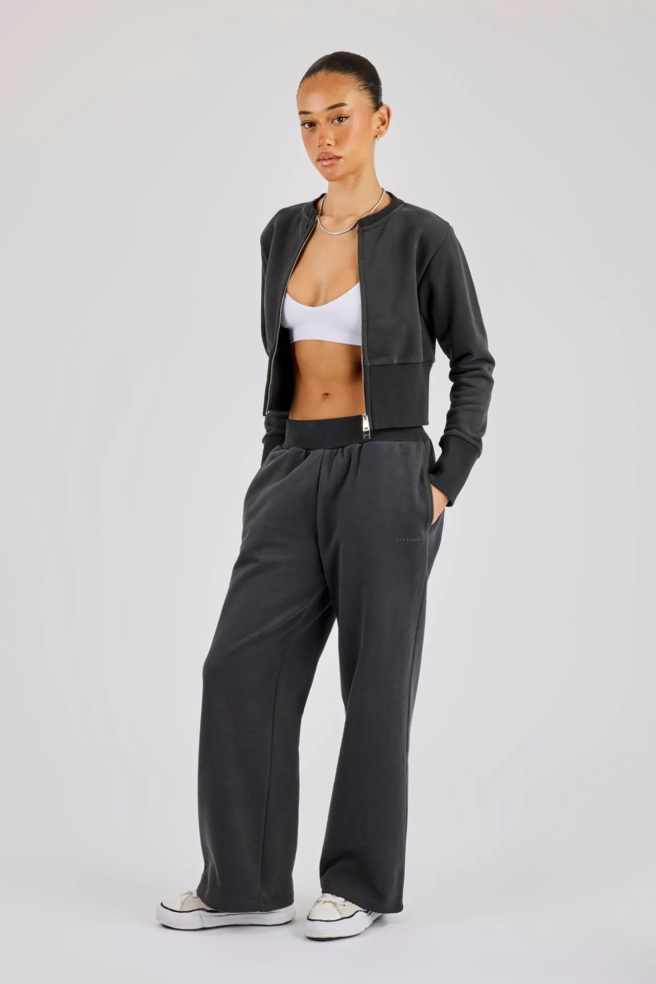 Fitted Rib Zip Through Sweat & Wide Leg Jogger - Charcoal